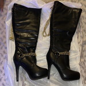 Black Leather High Heel Boots with Gold Chain